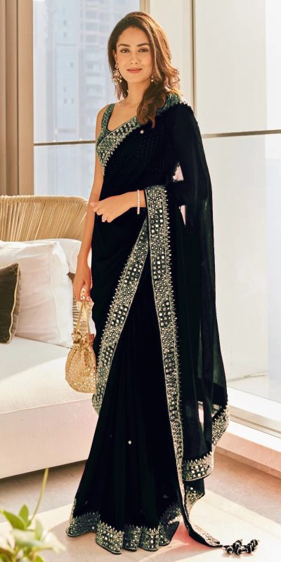 Grand Black Color Georgette Dori Thread Sequence Work Saree