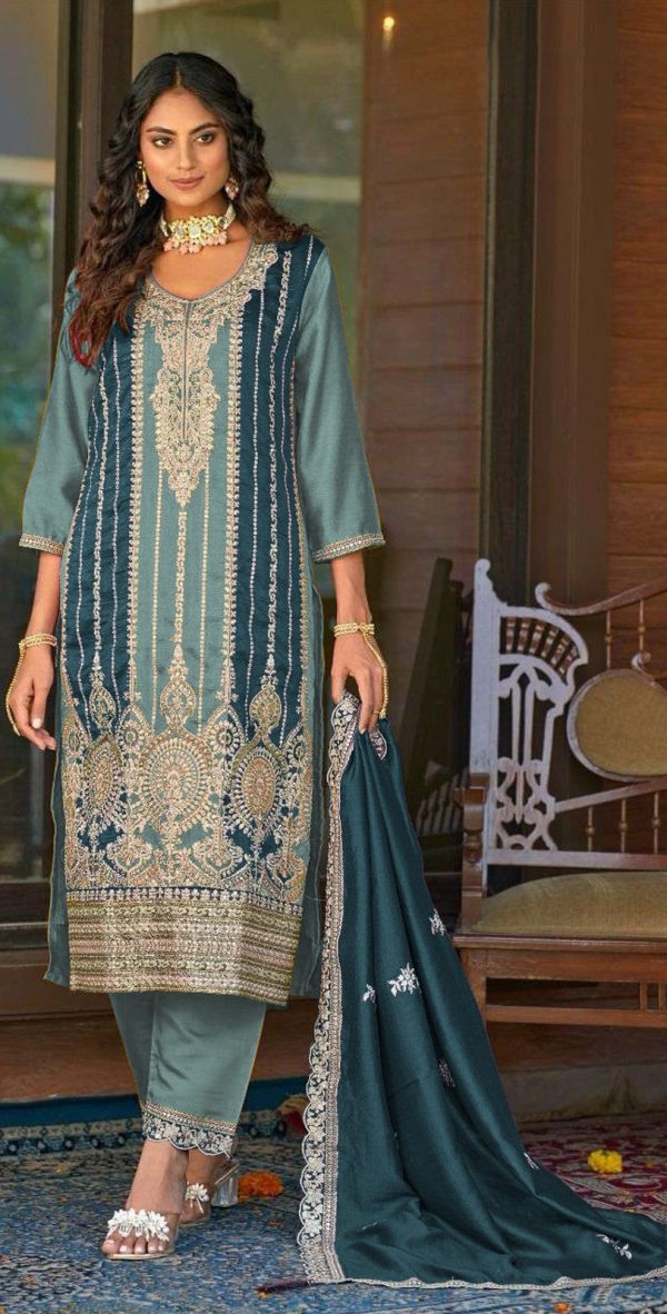 Grand Blue Color Vichitra Embroidery Codding Sequence Salwar Suit