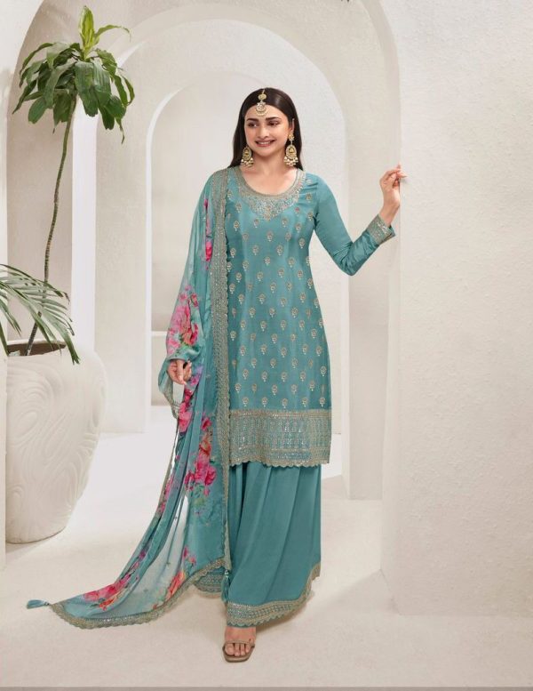 Grand Blue Color Viscose Chinon Embroidered Sequence Salwar Suit