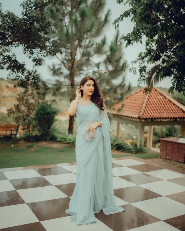 Grand Light Blue Color Georgette Sirvoski Support Lace Saree