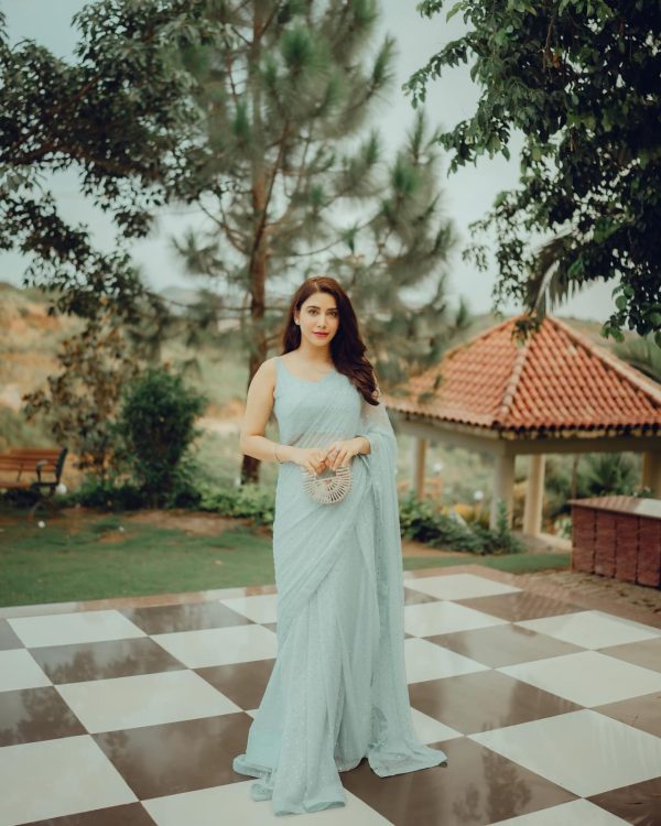 Grand Light Blue Color Georgette Sirvoski Support Lace Saree