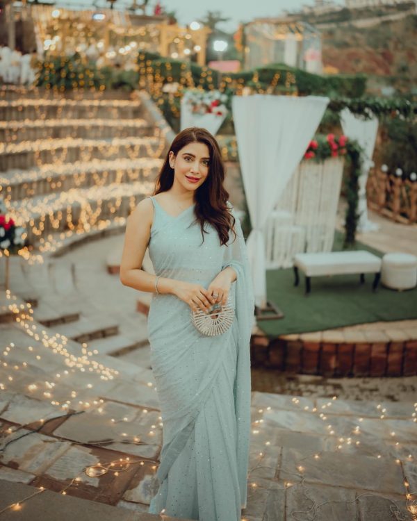 Grand Light Blue Color Georgette Sirvoski Support Lace Saree