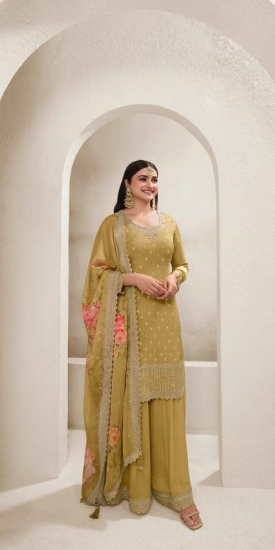 Grand Yellow Viscose Chinon Embroidered Sequence Salwar Suit