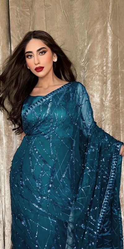 Majestic Blue Color Georgette Embroidery Sequence Piping Saree