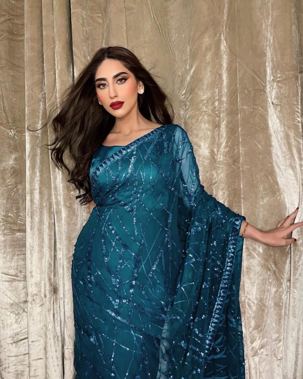 Majestic Blue Color Georgette Embroidery Sequence Piping Saree
