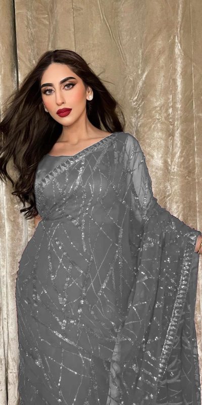 Majestic Grey Color Georgette Embroidery Sequence Piping Saree