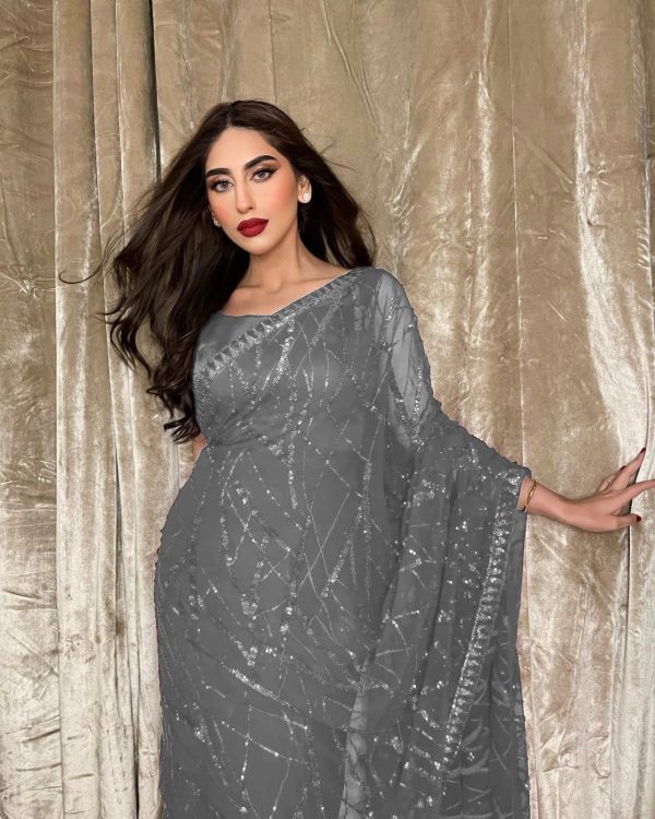 Majestic Grey Color Georgette Embroidery Sequence Piping Saree