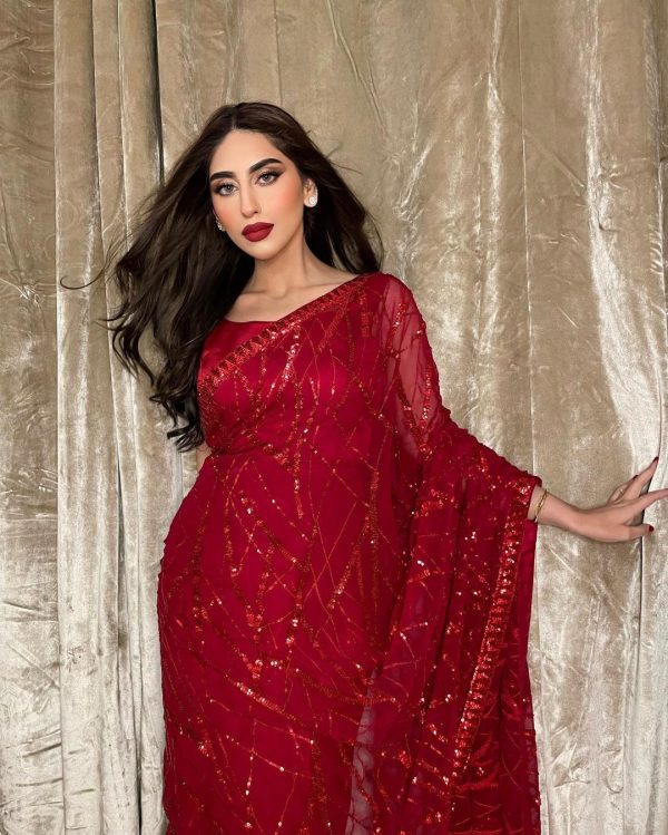 Majestic Red Color Georgette Embroidery Sequence Piping Saree