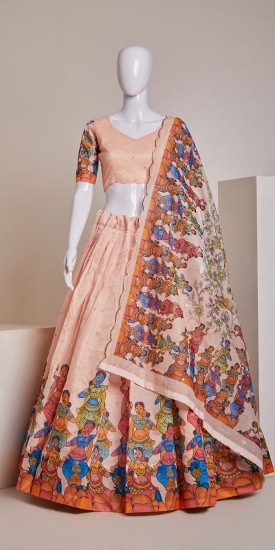 Nice Peach Color Silk Embroidery Sequins Amazing Print Lehenga Choli