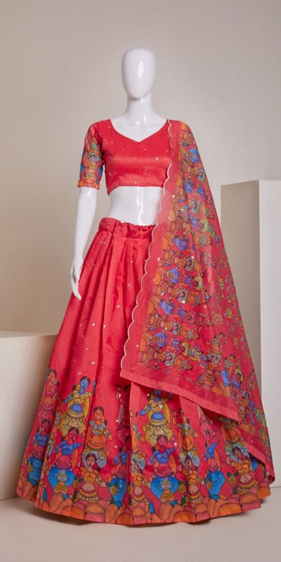 Nice Red Color Silk Embroidery Sequins Amazing Print Lehenga Choli