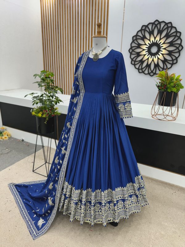 Nice Royal Blue Color Chinon Silk Embroidery Sequence Gown