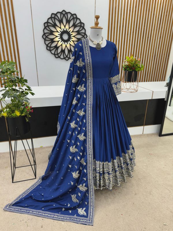 Nice Royal Blue Color Chinon Silk Embroidery Sequence Gown