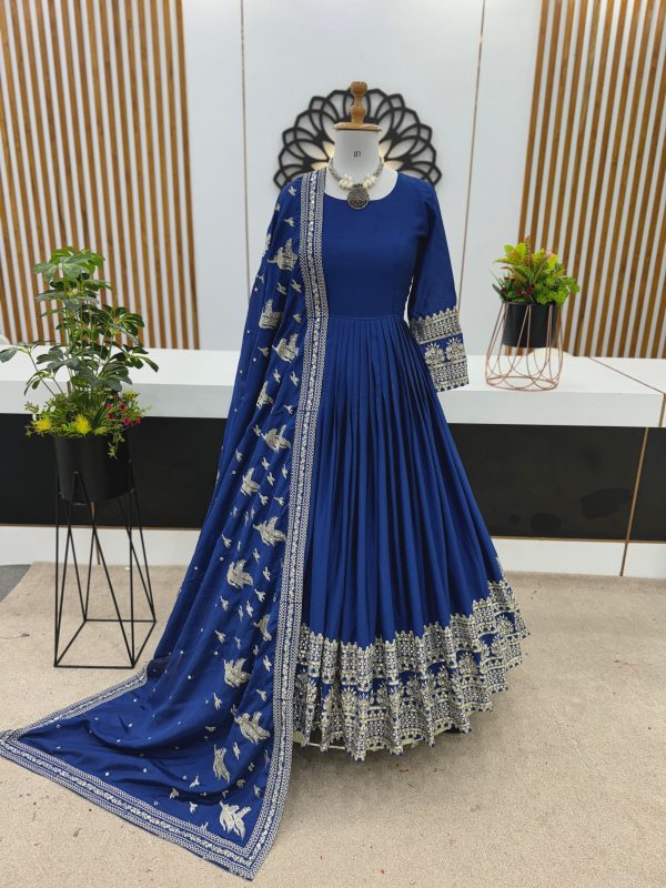 Nice Royal Blue Color Chinon Silk Embroidery Sequence Gown