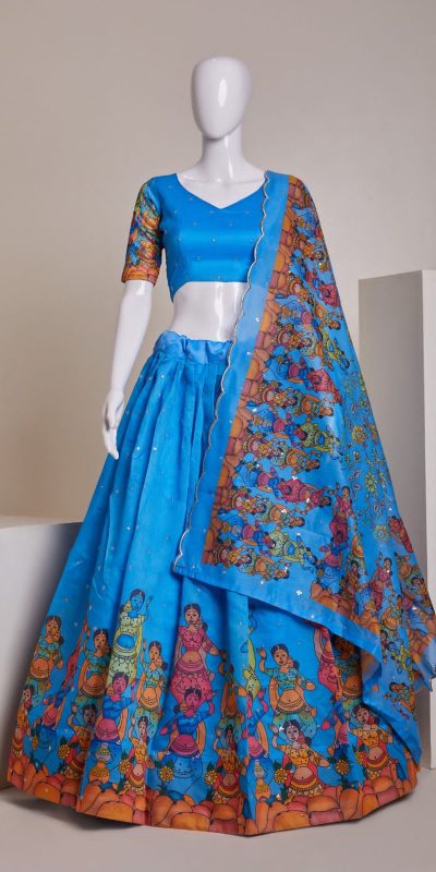 Nice Sky Blue Color Silk Embroidery Sequins Amazing Print Lehenga Choli
