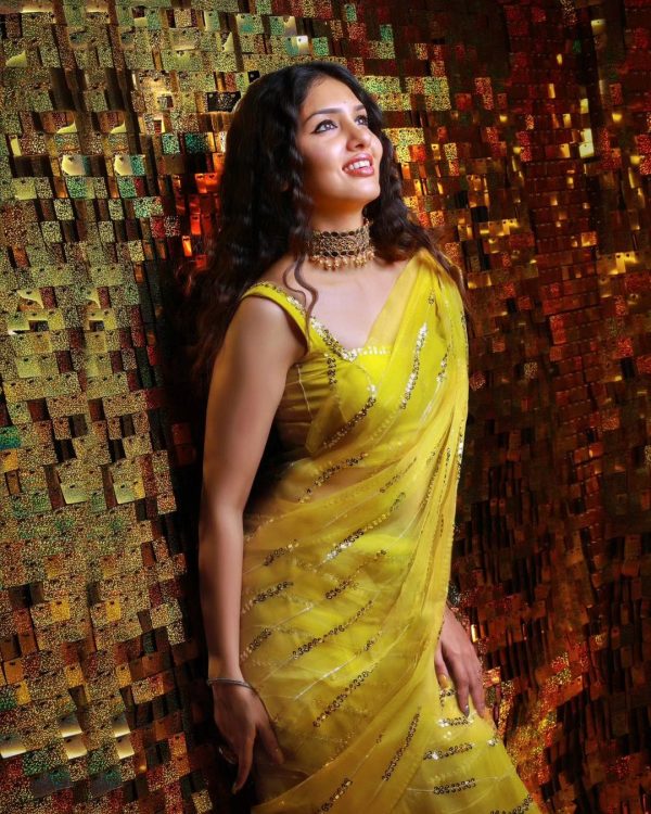 Peaceful Yellow Georgette Embroidery Sequence Tassels Saree