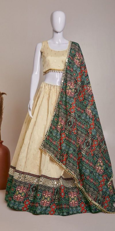 Pretty Cream Jaccard Silk Dori Embroidery Printed Lehenga Choli