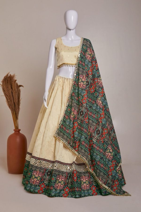 Pretty Cream Jaccard Silk Dori Embroidery Printed Lehenga Choli