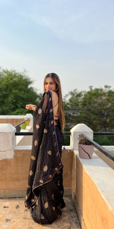 Stylish Black Color Georgette Sequence Lace border Work Saree