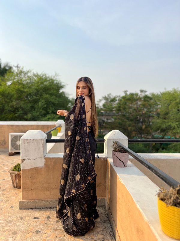 Stylish Black Color Georgette Sequence Lace border Work Saree