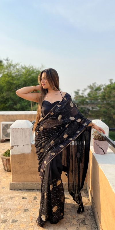 Stylish Black Color Georgette Sequence Lace border Work Saree