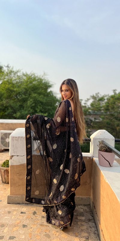 Stylish Black Color Georgette Sequence Lace border Work Saree