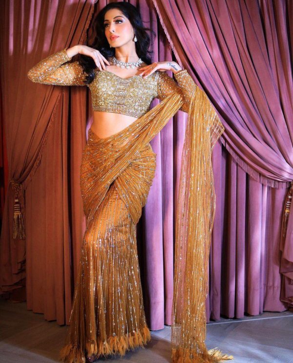 Stylish Golden Color Butter Fly Heavy Net Embroidered Saree