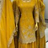 Stylish Yellow Color Chinnon Silk Embroidery Work Sharara Suit