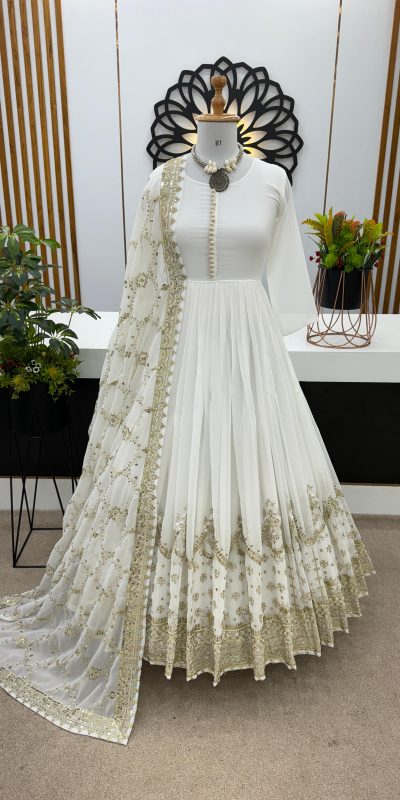 Alluring White Color Georgette Embroidery Sequence Salwar Suit
