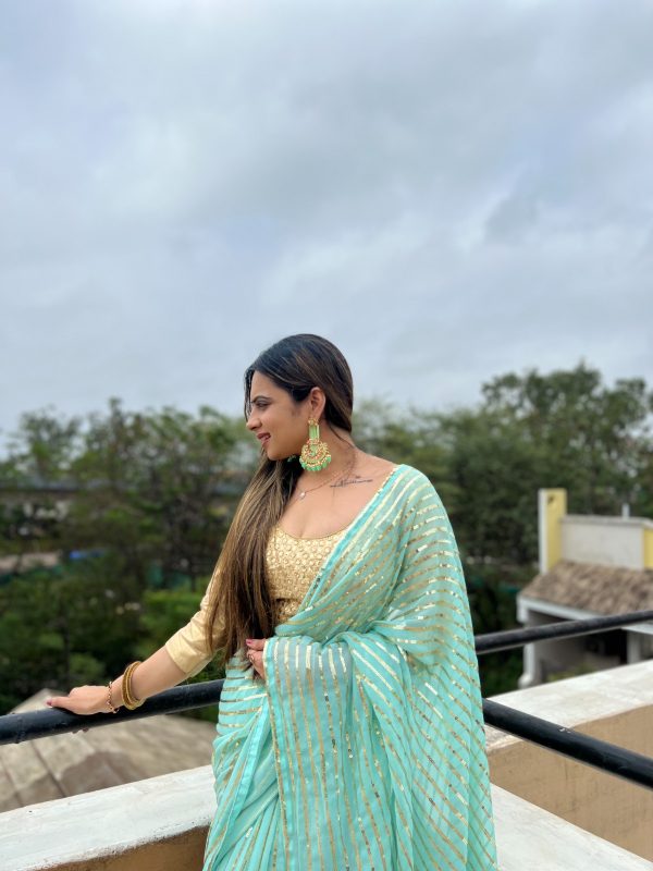 Perfect Aquamarine Color Georgette Embroidery Sequence Saree