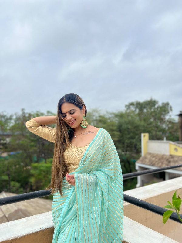 Perfect Aquamarine Color Georgette Embroidery Sequence Saree