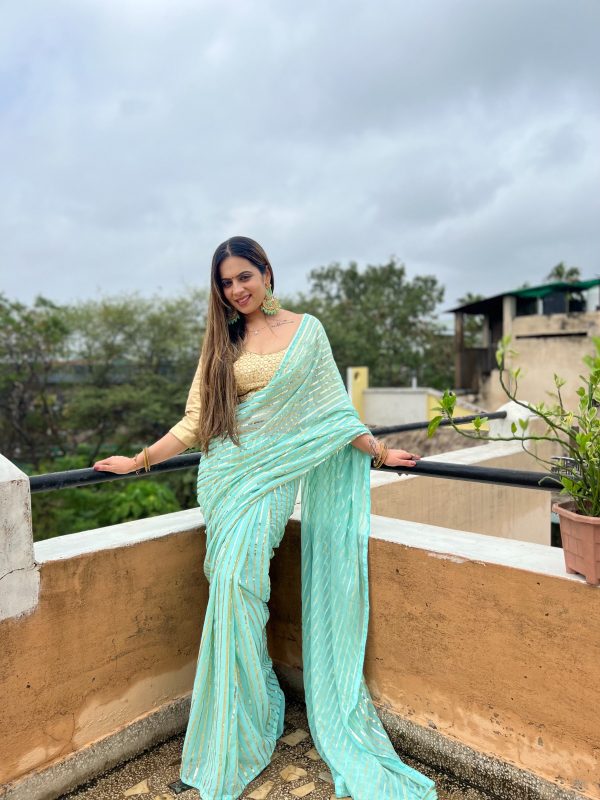 Perfect Aquamarine Color Georgette Embroidery Sequence Saree