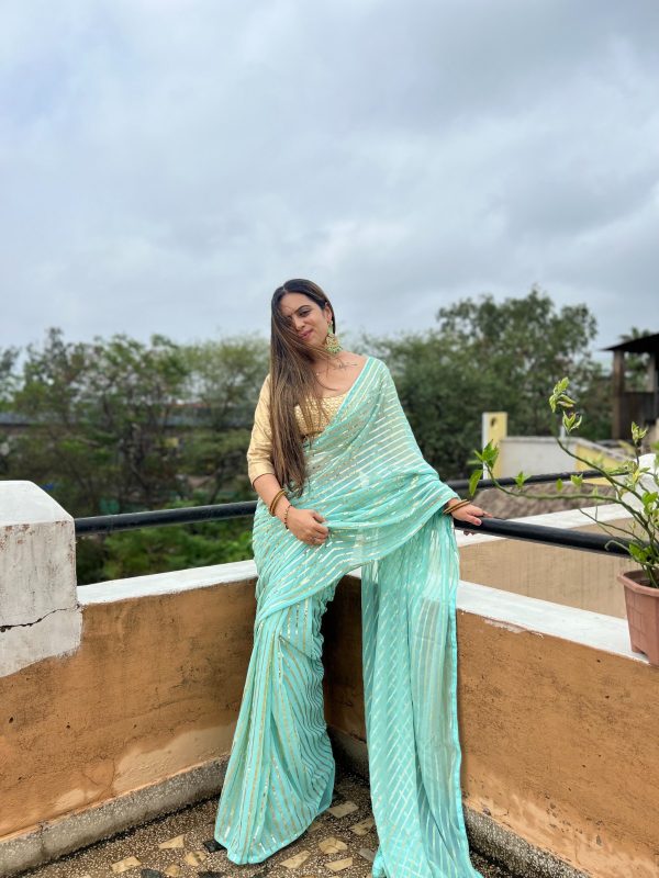 Perfect Aquamarine Color Georgette Embroidery Sequence Saree