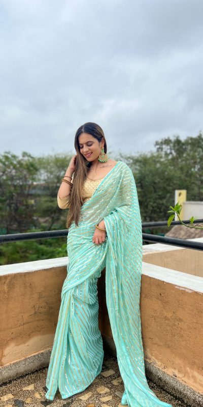Perfect Aquamarine Color Georgette Embroidery Sequence Saree