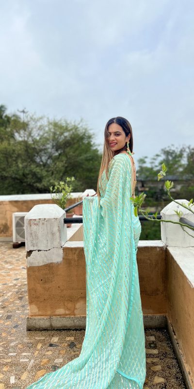 Perfect Aquamarine Color Georgette Embroidery Sequence Saree