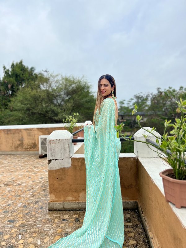 Perfect Aquamarine Color Georgette Embroidery Sequence Saree
