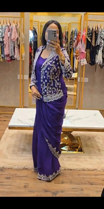 Pretty Royal Blue Color Chinon Embroidery Work Koti And Saree