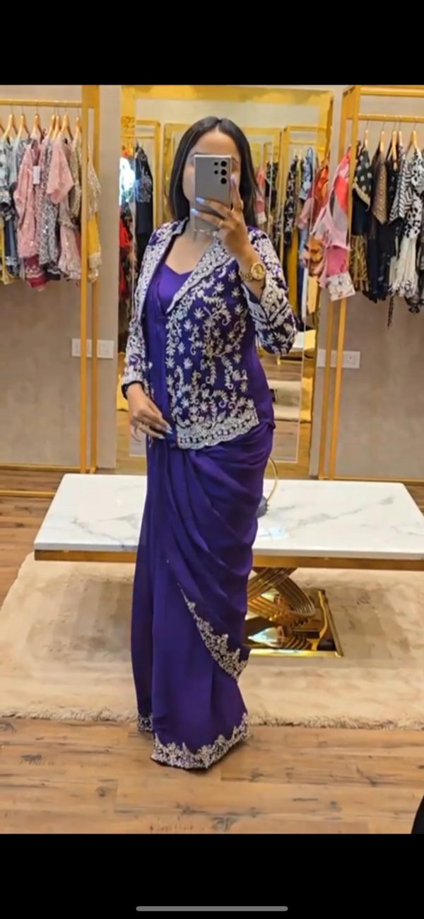 Pretty Royal Blue Color Chinon Embroidery Work Koti And Saree