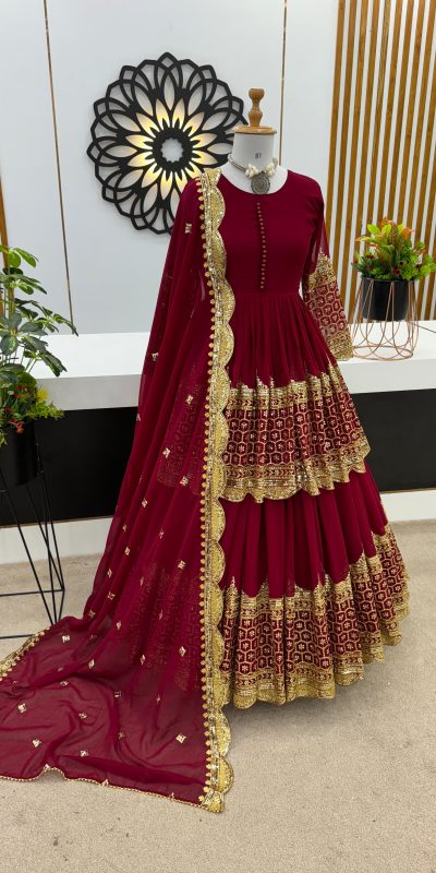 Stunning Red Color Georgette Embroidery Sequence Lehenga Choli