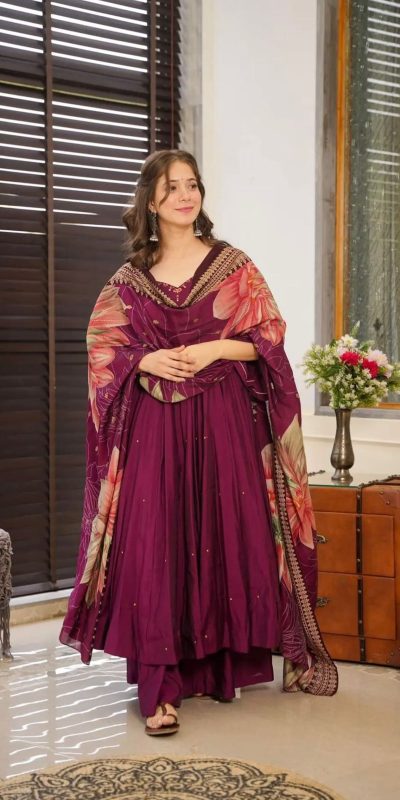 Superb Purple Color Chinnon Silk Embroidery Salwar Suit