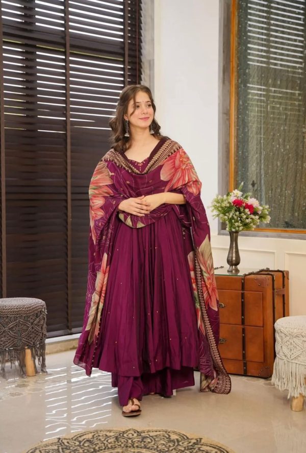 Superb Purple Color Chinnon Silk Embroidery Salwar Suit