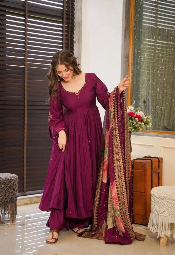 Superb Purple Color Chinnon Silk Embroidery Salwar Suit