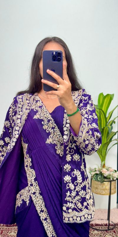 Pretty Royal Blue Color Chinon Embroidery Work Koti And Saree