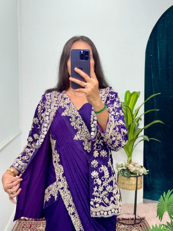 Pretty Royal Blue Color Chinon Embroidery Work Koti And Saree