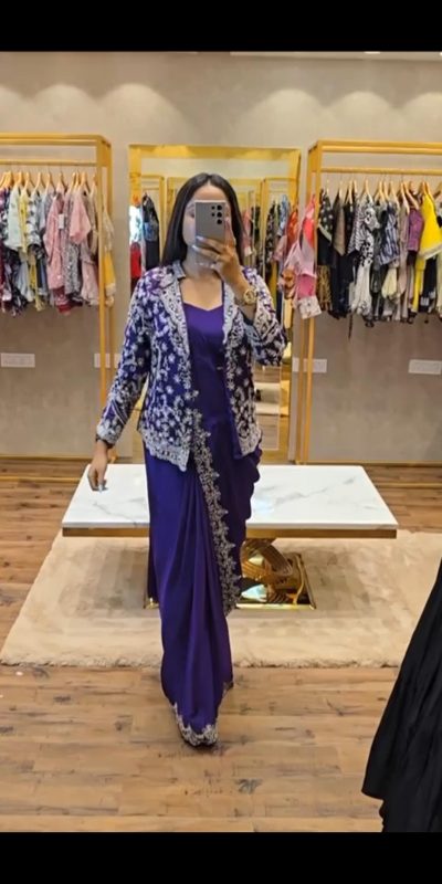 Pretty Royal Blue Color Chinon Embroidery Work Koti And Saree