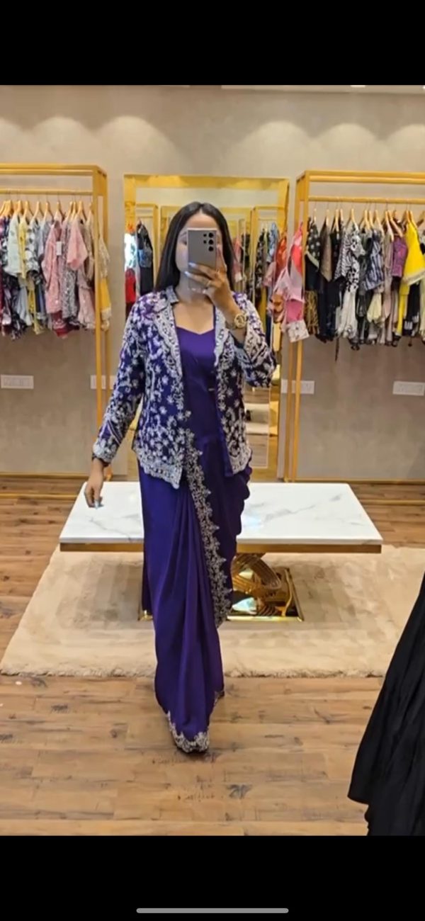 Pretty Royal Blue Color Chinon Embroidery Work Koti And Saree