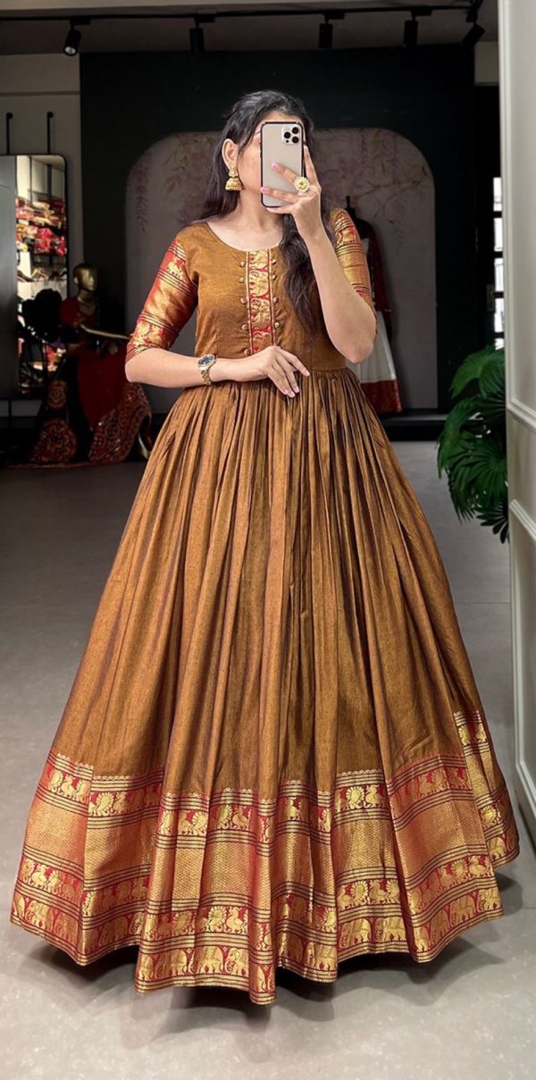 YNF 5313 Mustard Color Narayan Pet Zari Weaving Work Gown Casual, Wedding, Festive, Events, Designer Party Wear, Delivery 4-6 Working Days @1899 | Gowns, Bollywood Gowns, Creative Gowns, Designer Gowns, Embroidered Gowns, Party Wear Gowns