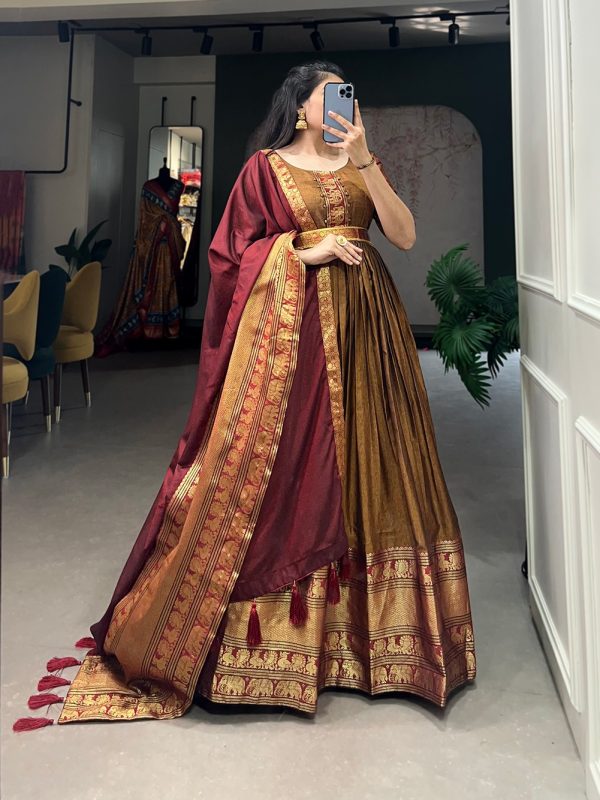 YNF 5313 Mustard Color Narayan Pet Zari Weaving Work Gown Casual, Wedding, Festive, Events, Designer Party Wear, Delivery 4-6 Working Days @1899 | Gowns, Bollywood Gowns, Creative Gowns, Designer Gowns, Embroidered Gowns, Party Wear Gowns