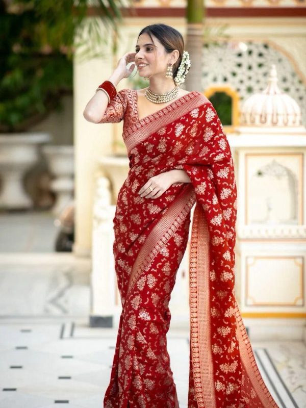 KP 5079 Red Color Soft Lichi Silk Jacquard On All Over Saree Casual, Party Wear, Wedding, Events Etc. Expected Delivery 4-6 Working Days @1449/- | Sarees, Bollywood Sarees, Creative Sarees, Designer Sarees, Embroidered Sarees, Ethnic Saree, Modern Digital sarees, Party Wear Sarees