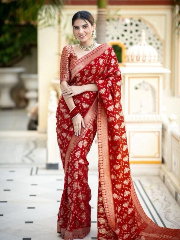 KP 5079 Red Color Soft Lichi Silk Jacquard On All Over Saree Casual, Party Wear, Wedding, Events Etc. Expected Delivery 4-6 Working Days @1449/- | Sarees, Bollywood Sarees, Creative Sarees, Designer Sarees, Embroidered Sarees, Ethnic Saree, Modern Digital sarees, Party Wear Sarees