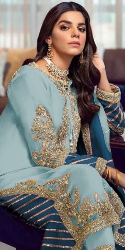 Aglow Light Blue Georgette Embroidery Sequence Salwar Suit